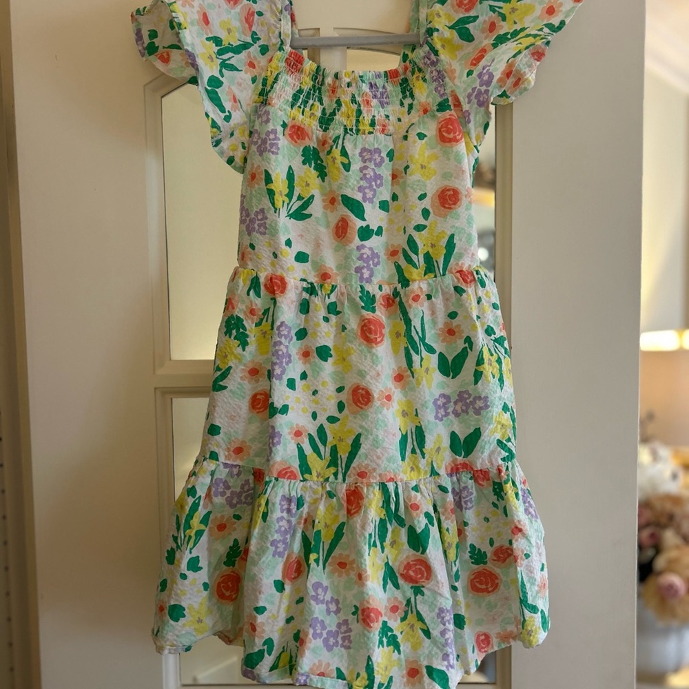 Cat & Jack White Floral Tiered Dress with Green, Yellow & Coral Accents